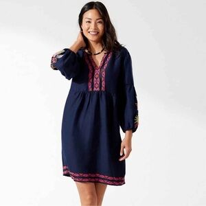 Embroidered Navy Boho Tunic Dress - Pink & Orange Accents, Sz L